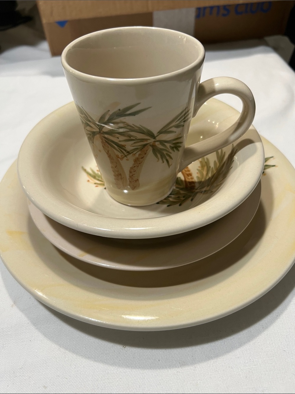 29pc Gibson Cream Stoneware Dinnerware Set with Palm Tree Motif